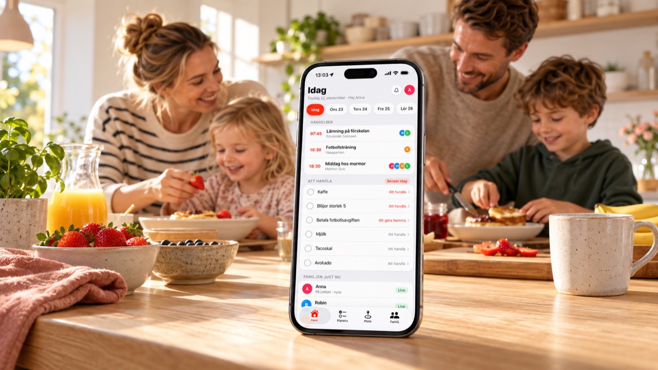 En familj äter frukost vid köksbordet. I förgrunden står en telefon med Peepz öppet: dagens händelser, inköpslistan och var familjen är just nu.
